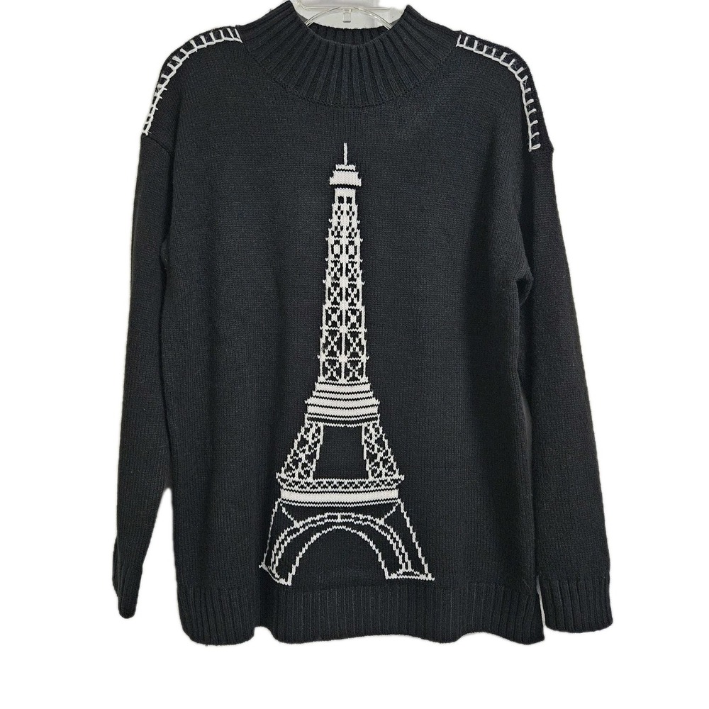 Karl Lagerfeld Paris Black Eiffel Tower Mock Neck Sweater Women's Small Pullover